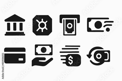 Banking, finance solid icon set. Money, currency symbols for financial applications