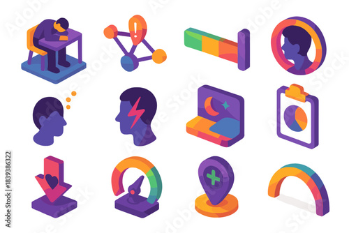 Energy Depletion Icons. Individual Energy Depletion flat isometric set: exhaustion tile, task overload node, stress bar, distraction ring, fatigue cue dot, mental strain patch,