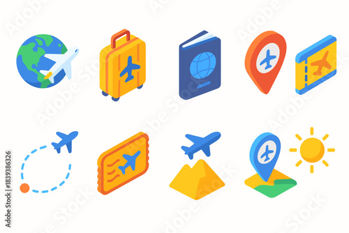 Travel, transportation flat icon set. Explore, vacation journey, adventure symbols.