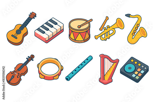 Musical instruments icon set filled style. Violin, drum, guitar, saxophone collection