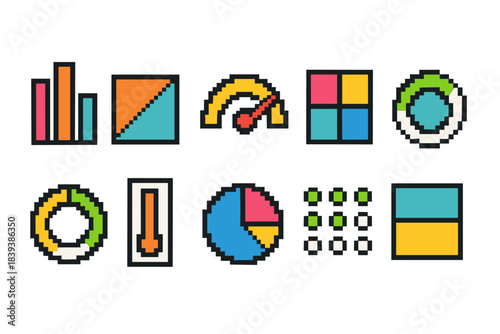 Data analysis icon set in pixel art style. Analytics, graphs, charts collection.