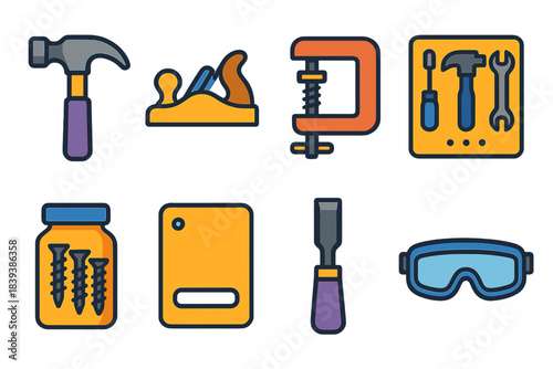 Minimal Workshop Tools. Workshop Essentials Set flat set: hammer head, wood plane, clamp block, tool rack tile, screw jar, workbench panel, chisel tip, safety goggles.