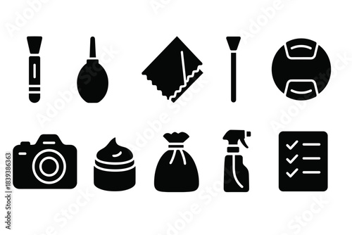 Cleaning camera solid icon set. Equipment and tools for camera maintenance