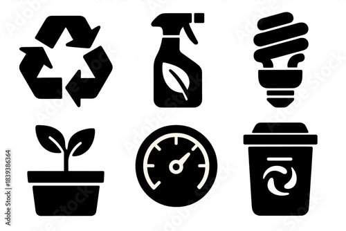 Sustainable Wellness Icons. Sustainable Home Wellness silhouette set: recycling loop, eco-friendly cleaner, energy-efficient bulb, compost bin, indoor garden sprout, resource meter