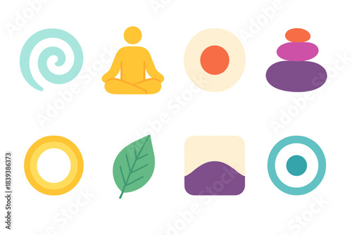 Mindfulness Icon Set. Mindfulness Concept Set flat set: calm breath swirl, seated posture icon, gentle focus dot, grounding stone, soft light ring, mindful leaf, quiet moment tile,