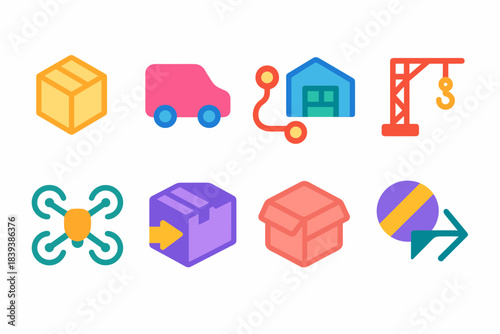 Shipping and delivery flat icon set. Logistics, package, distribution icons collection