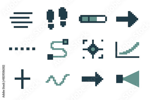 Steady Pace Icons. Steady Pace pixel style set: rhythm lines, steady steps, progress bar, calm arrow, timeline dots, guided path, focus point, gradual curve, pace marker, smooth