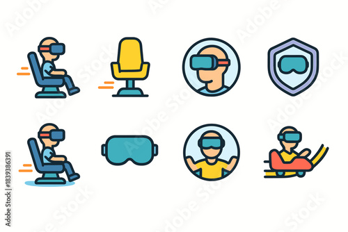 Virtual reality flat icon set. Vr headset, gaming, experience, tech icons flat collection.