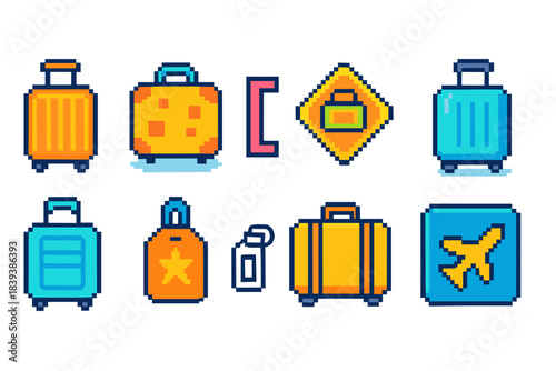 Travel, luggage pixel icon set. Retro, vacation icons in pixel art style collection