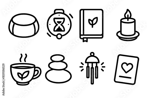 Mindful Living Icons. Mindful Living Tools linear set: meditation cushion, breathing timer, gratitude journal, calming candle, herbal tea cup, balance stones, gentle chime,