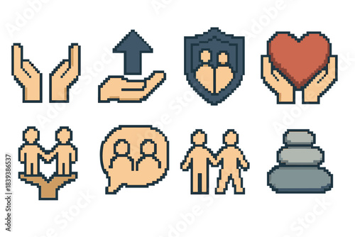 Family Support Icons. Family Support pixel style set: helping hands, guidance arrow, protective shield, caring heart, shared path, comfort bubble, teamwork icons, stability stone.