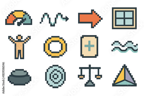 Emotional Flexibility Icons. Emotional Flexibility Tools pixel style set: adaptable mood dial, grounding breath wave, cognitive shift arrow, perspective window, emotional stretch