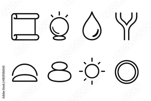 Icons of Wisdom. Deep Insight linear set: open scroll, calm light sphere, reflective droplet, branching path, guiding arc, steady stone, quiet glow, wisdom ring.