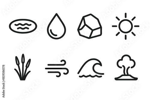 Natural Resource Icons. Natural Resource Components linear set: lake droplet, granite piece, fertile loam, solar spark, reed bundle, steady breeze line, tidal crest, geothermal