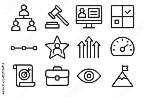 Executive Leadership Icons. Executive Leadership Icons linear set: organizational chart, authority gavel, high-level dashboard, priority matrix, strategic timeline, leadership star