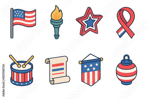 Independence Day Icons. Independence Day Cultural Symbols isometric flat set: waving flag, liberty torch, star emblem, patriotic ribbon, parade drum, heritage scroll, community