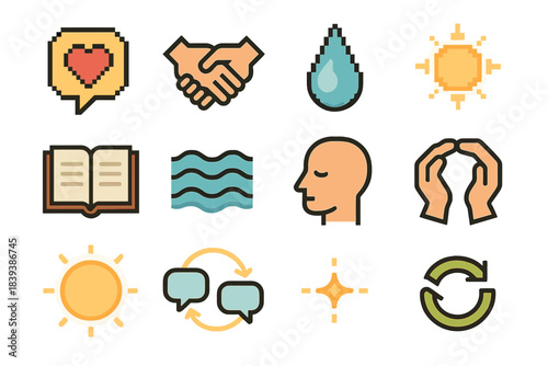 Deep Conversation Icons. Deep Conversation pixel style set: heart-infused bubble, empathy hands, reflective droplet, soft glow, shared journal, calm waves, thoughtful line, trust