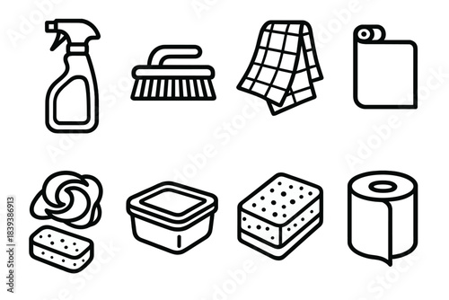 Essential Cleaning Supplies. Basic Household Necessities linear set: surface cleaner bottle, scrub brush, kitchen towel, garbage liner pack, laundry pods, reusable container,