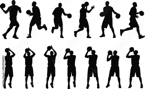 Basketball player action silhouettes set, male athletes dribbling, running, and shooting the ball, sport competition vector illustration collection, professional team player concept.