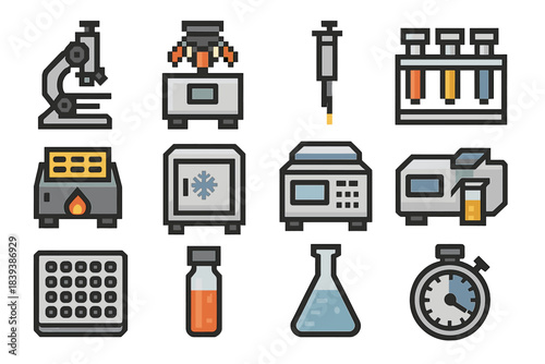 Lab Equipment Icons. Lab Testing Devices set of icons in flat pixel vector style: compound microscope, tube spinner, adjustable pipette, reagent rack, heating block, cooling