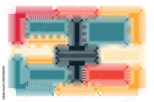Vibrant abstract vector illustration featuring digital distortion on geometric shapes using dense horizontal lines