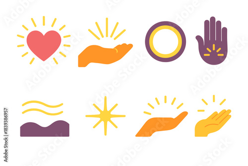 Spiritual Generosity Icons. Spiritual Generosity flat set: radiant heart, open palm, light beam, harmony circle, blessing symbol, gentle wave, uplifting spark, giving aura.