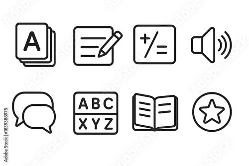 Language Learning Tools. Linguistic Learning Essentials linear set: flashcard stack, writing practice line, grammar rule box, sound cue icon, conversation bubble, alphabet chart,