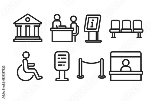 Civic Facility Icons. Civic Facility Map linear set: city hall icon, service desk, info kiosk, waiting area seats, accessibility ramp, directory board, queue line marker, reception