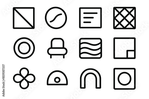 Deep Rest Icons. Deep Rest Environments linear set: soft-dark room tile, gentle-breath node, low-noise bar, heavy-blanket patch, warm-glow ring, grounded seat dot, calm-airflow