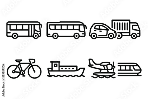 Diverse Travel Icons. Transit & Travel Modes linear set: city shuttle, long-distance bus, compact EV, freight container truck, touring bicycle, river barge, seaplane, monorail.