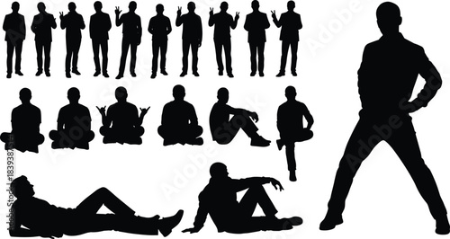 Collection of male silhouette poses showing standing, sitting, meditation, and casual layouts, versatile vector illustration for creative design, posture reference, concept art projects