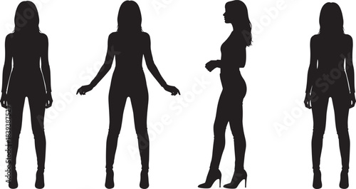 Black silhouette woman standing poses, fashion model outline, body posture reference, stylish female figure, character design template, vector illustration art