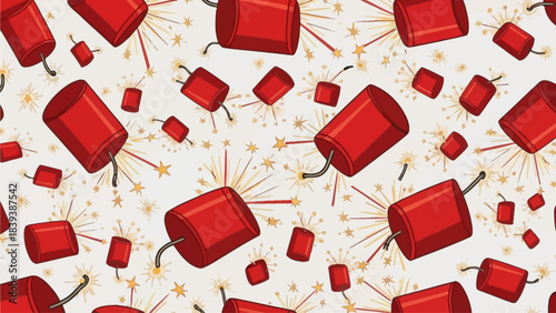 Vibrant fireworks exploding in the night sky with red boxes and golden sparks