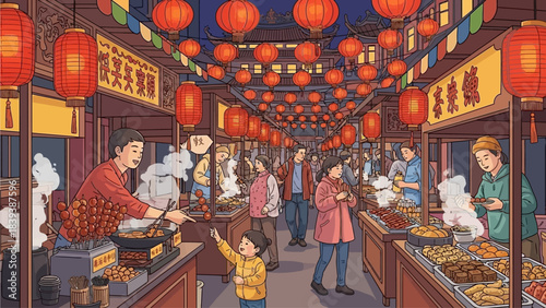 Vibrant Market Scene with Red Lanterns and Bustling Activity