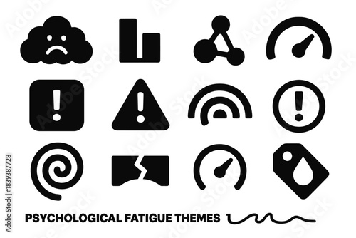 Psychological Fatigue Icons. Psychological Fatigue Themes silhouette set: mental drain cloud, motivation dip bar, emotional depletion node, cognitive slowdown gauge, stress
