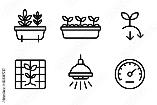 Urban Farming Icons. City Agriculture Systems linear set: balcony herb pot, compact soil tray, nutrient flow arrow, plant-support tile, energy-efficient light, productivity dial.