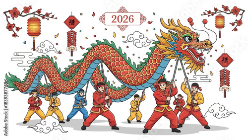 Vibrant dragon dance performance by acrobatic performers in traditional attire celebrating the 2026 new year