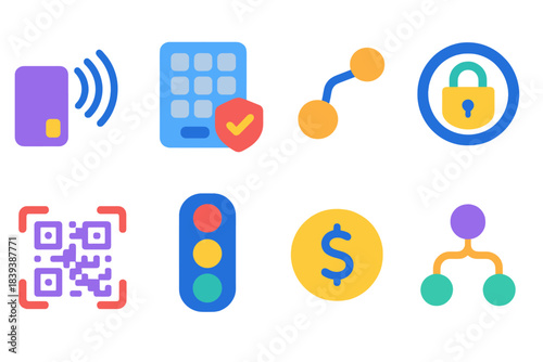 Modern Payment Icons. Adaptive transaction systems flat set: tap-to-pay wave, secure keypad, transfer path node, authorization ring, scan code frame, status light, payment token,