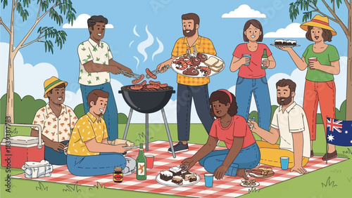 A group of diverse people enjoying a picnic and barbecue in a park on a sunny day