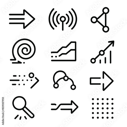 Dynamic Data Patterns. Insight & Flow Patterns linear set: streaming arrow, signal burst, layered chart, branching node, info swirl, movement dots, trending path, shift marker,