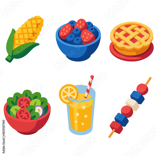 Festive Foods Icons. Independence Day Festive Foods isometric flat set: grilled corn, berry bowl, picnic pie, fresh salad, lemonade glass, festive skewer.