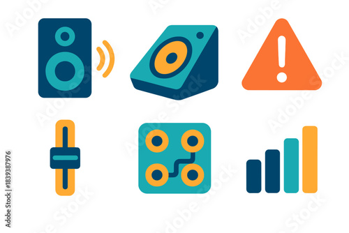 Live Sound Control Icons. Live Sound Control flat set: loudspeaker icon, stage monitor, mixing console fader, feedback alert, routing patch point, output level meter.
