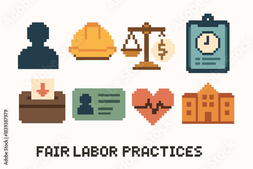 Fair Labor Icons. Fair Labor Practices pixel style set: worker silhouette, safety helmet, equitable pay scale, hours log, grievance box, training card, wellness symbol, community