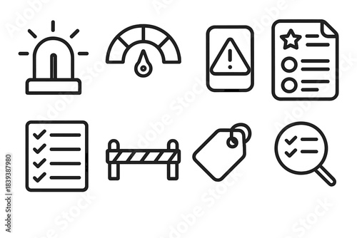 Safety Icon Set. Awareness & Risk Monitoring linear set: alert beacon, risk scale, hazard cue card, evaluation form, safety checklist, caution bar, monitoring tag, review icon.