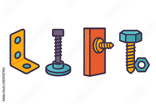 Minimalist Fastening Icons. Furniture Fastening Essentials flat set: corner-brace panel, adjustable-leg strip, bolt-nut bead.