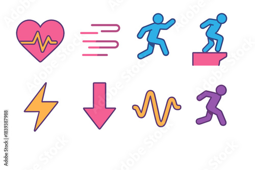 Adrenaline Icon Set. Adrenaline Moments isometric flat set: rapid heartbeat icon, intense motion lines, high-jump silhouette, cliff-edge stance, surge energy spark, fast descent