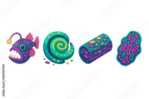 Deep-Sea Icon Set. Deep-Sea Biological Patterns flat isometric set: abyssal fish mote, microbial mat coil, detritus-path bar.