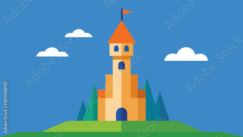 Cartoon fairytale castle illustration with blue sky and clouds