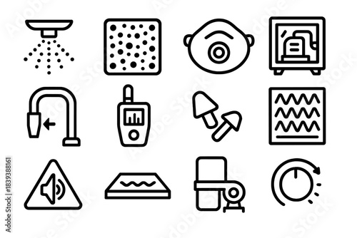 Dust and Noise Solutions. Dust–Noise Reduction Elements linear set: sprinkler mist head, particle screen, protective mask, sealed enclosure, vacuum inlet, noise monitor, earplug