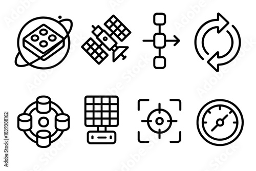 Space Logistics Icons. Space Resource Management Set linear set: orbital stockpile tile, satellite hub node, supply chain bar, resource-routing arrow, storage module ring,